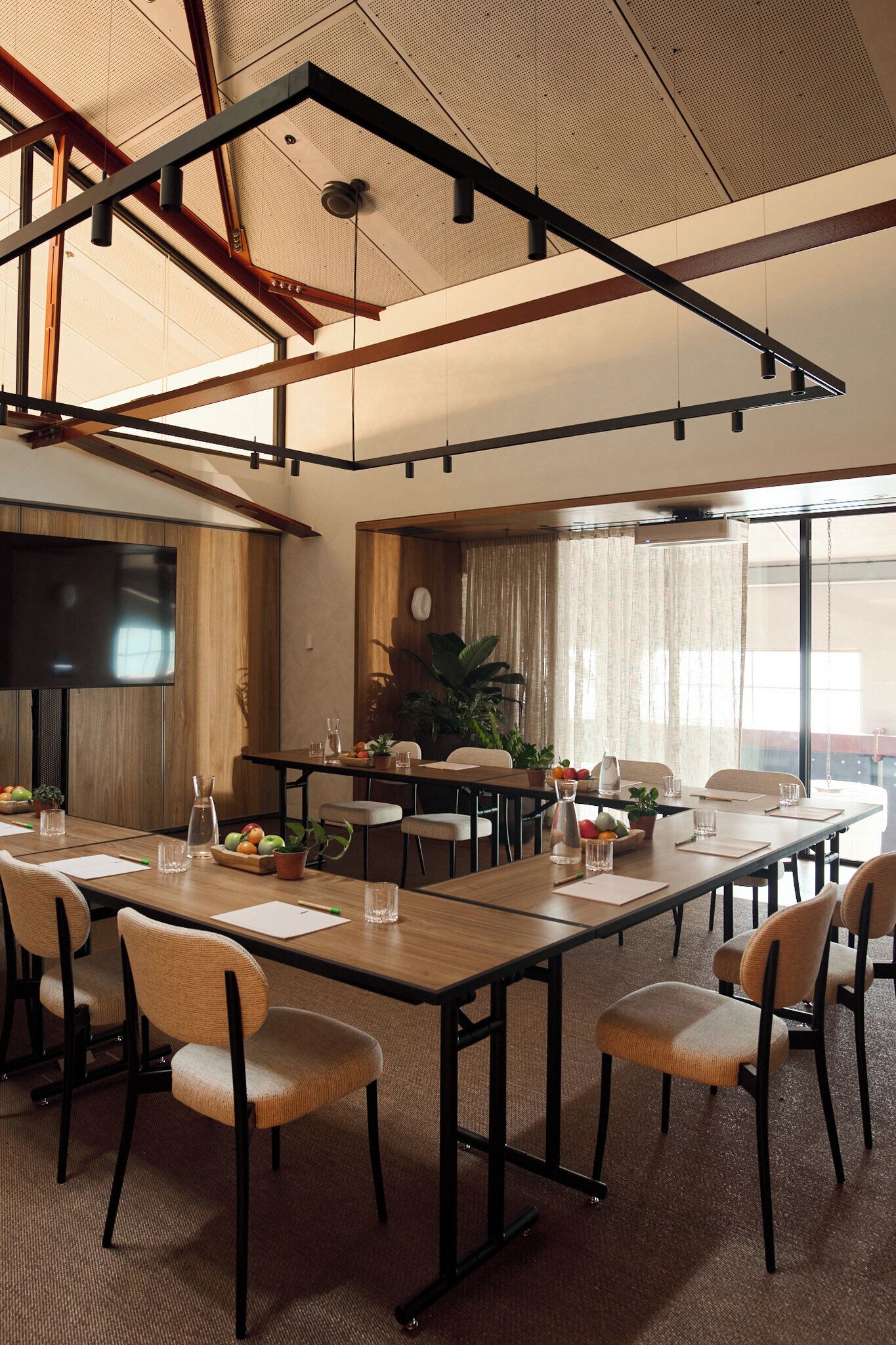 A conference room with a long table, chairs, a TV, and a plant.