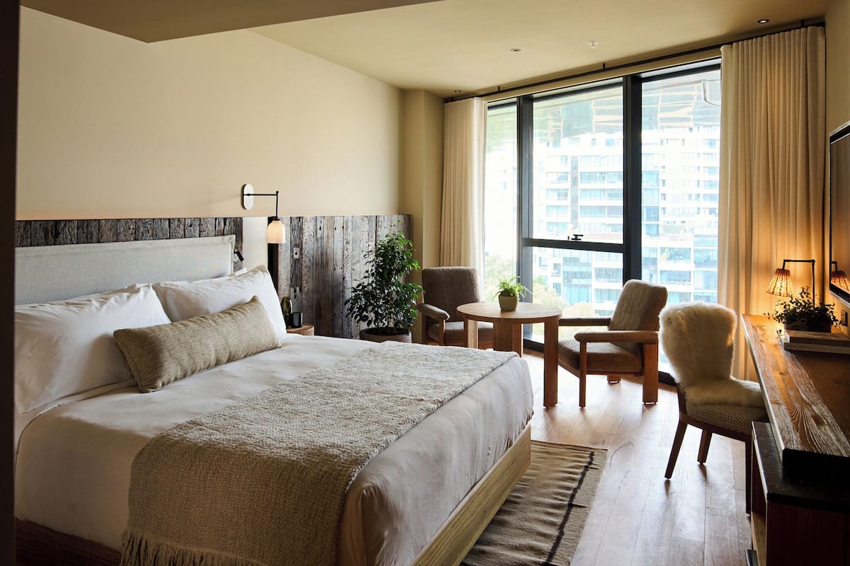 Habitación de hotel con una cama grande, una mesita redonda pequeña, dos sillas, una planta en maceta y vistas a edificios a través de ventanas amplias.