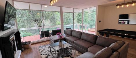 Smart TV, fireplace, video games, table football