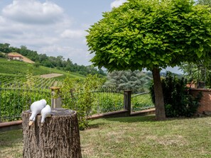 A rustic outdoor setting with a tree stump, a white sculpture, and a fenced vineyard in the background. - Culla di Stelle by Interhome (Calosso)
