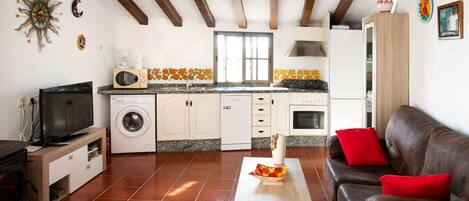A living room with a brown sofa, a television, a washing machine, and a kitchen area with a microwave and cabinets.