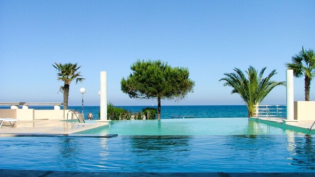 A swimming pool with a view of the sea, surrounded by palm trees and a clear sky.
