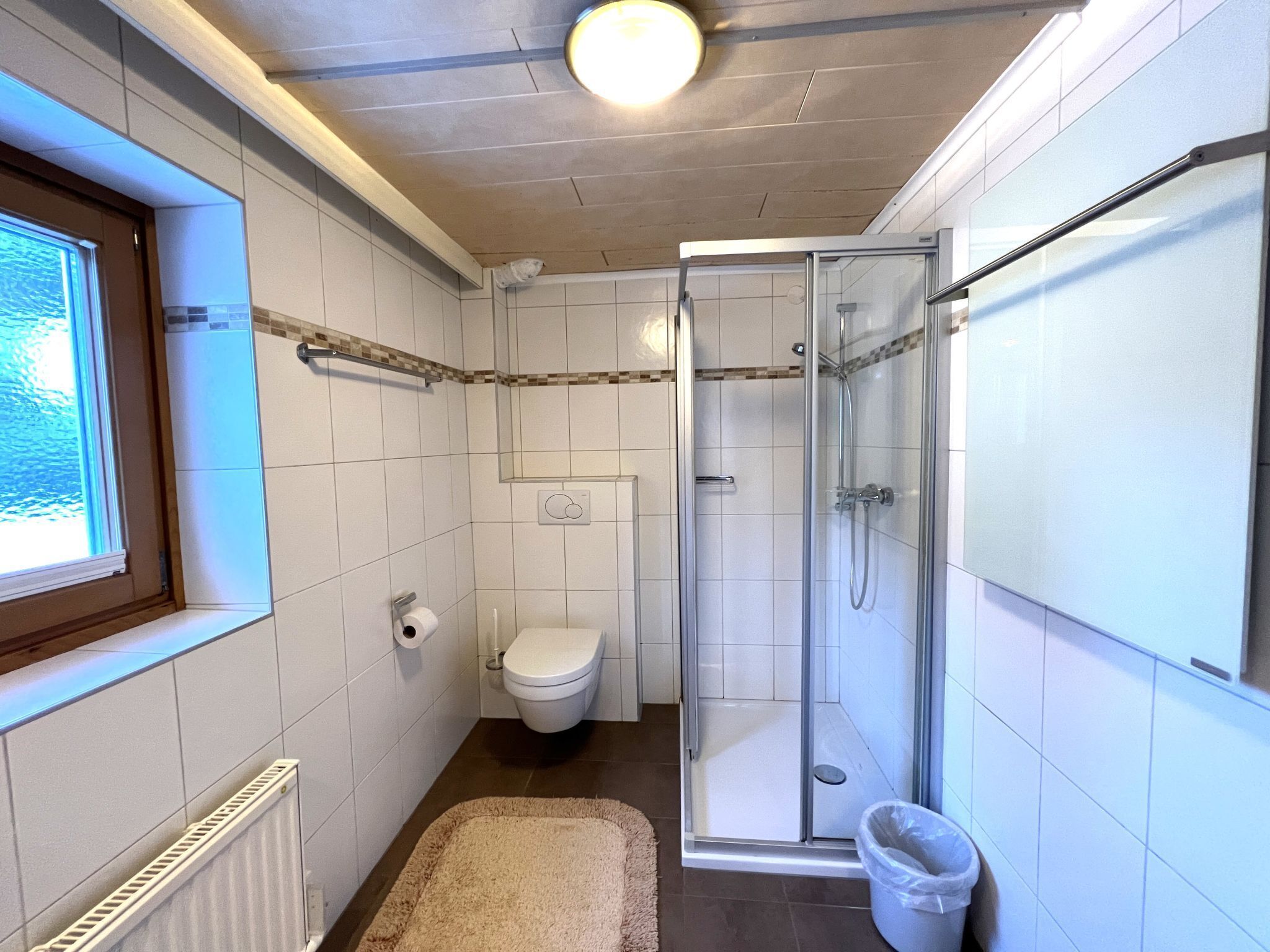 A compact bathroom with a toilet, a glass shower enclosure, and a radiator.
