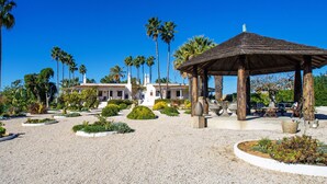 A courtyard with a gazebo, palm trees, and a building with a tiled roof.