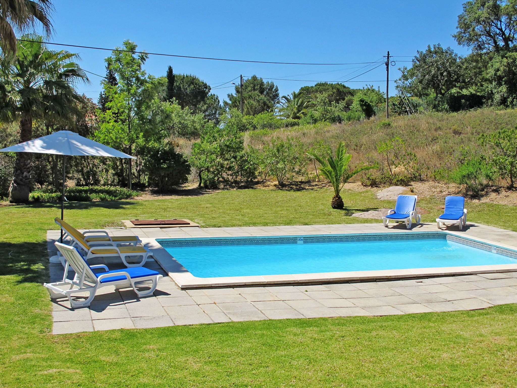 A rectangular swimming pool with a tiled deck, surrounded by a grassy lawn.
