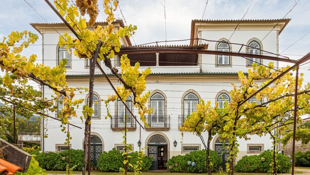 A white building with arched windows and a balcony, surrounded by a garden with grapevines.