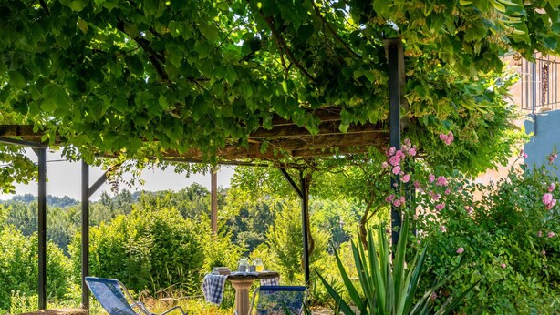 An outdoor seating area with two blue chairs and a table under a pergola, surrounded by lush greenery and flowering plants. - Cascina Villa (AST231) by Interhome (Asti)