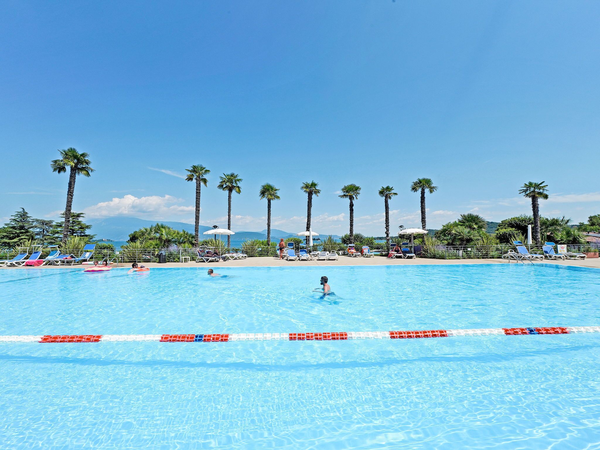 Piscina com água azul cristalina, cercada por espreguiçadeiras e palmeiras.