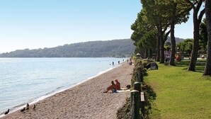 A beach with a grassy area and trees, a clear sky, and calm water.