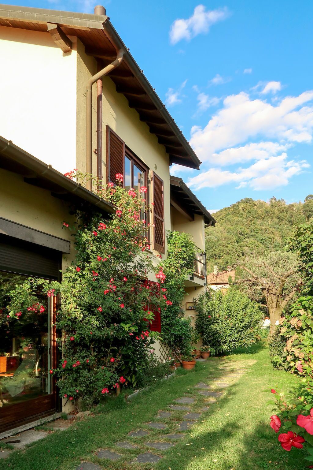 Una casa con jardín, un camino y una colina al fondo.
