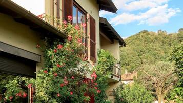 Una casa con jardín, un camino y una colina al fondo.