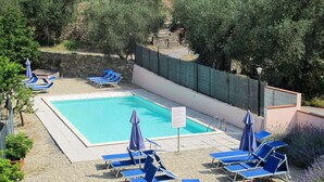 A rectangular swimming pool surrounded by blue lounge chairs and umbrellas, with a stone wall and greenery in the background.