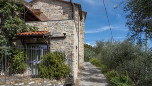 A stone building with a tiled roof, a metal fence, and a narrow path leading to it. - U Figu du Camin by Interhome (Pontedassio)