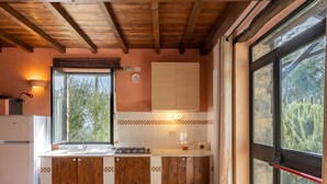 A kitchen with wooden cabinets, a white refrigerator, a stove, and a window with a view of trees. - U Figu du Camin by Interhome (Pontedassio)