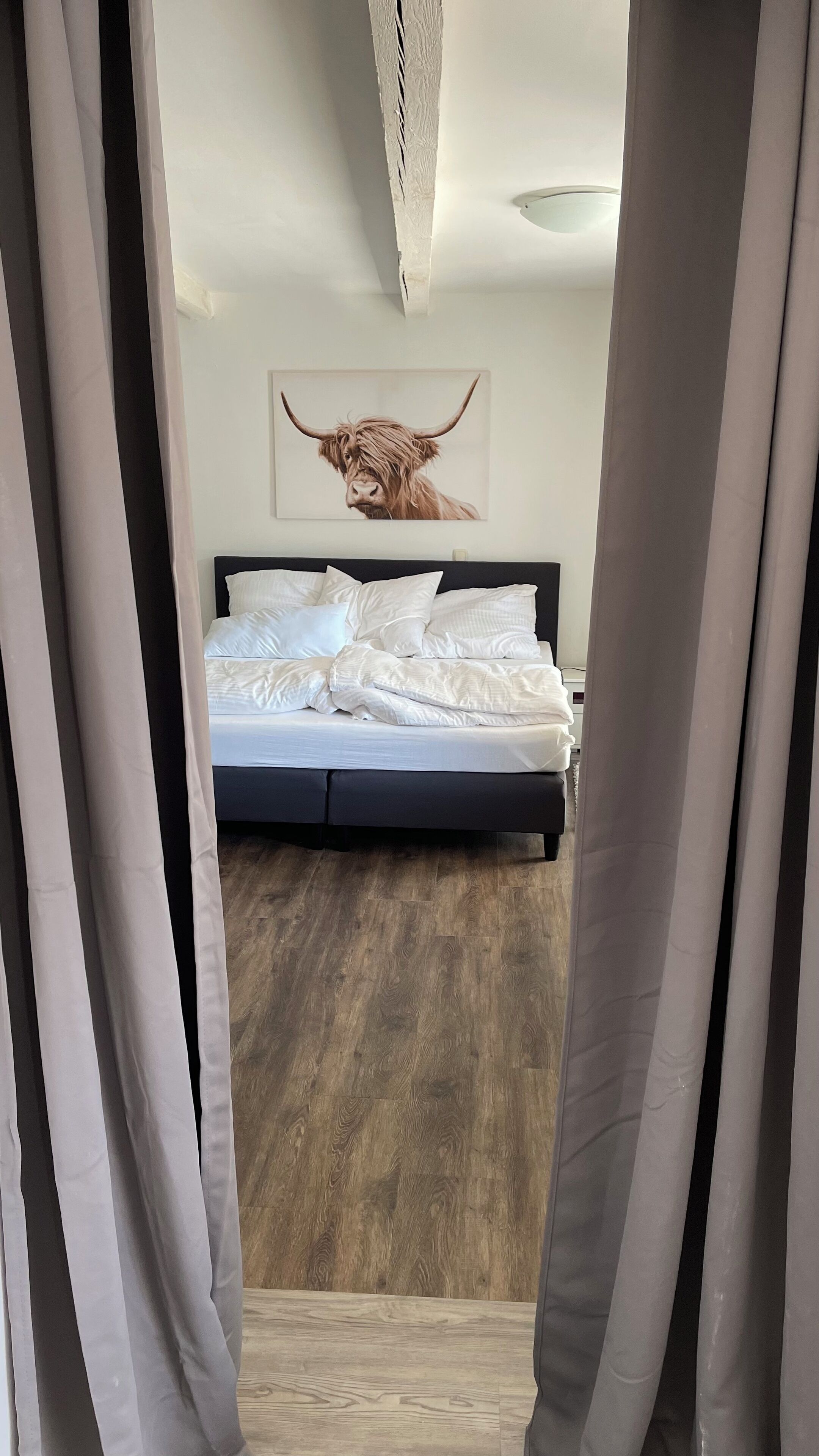 Ein Schlafzimmer mit einem Bett, einer Deckenleuchte und einem Wandbild eines Stiers.