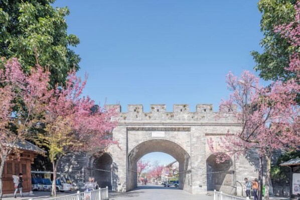 A stone archway with a clear sky above, surrounded by trees with pink blossoms.