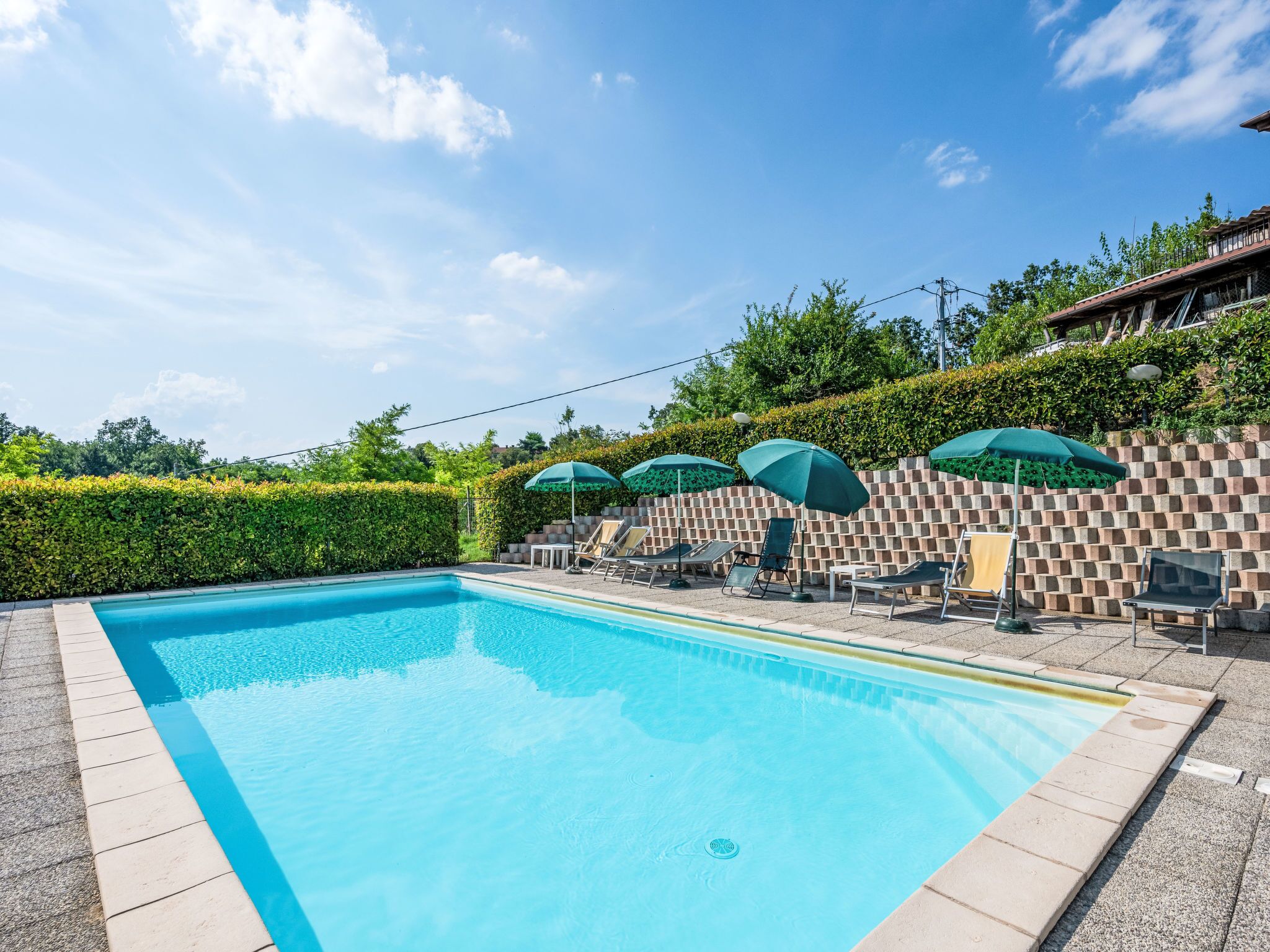 Une piscine rectangulaire bordée de carreaux, entourée de chaises longues et d’ombrelles vertes, le tout se dressant sur fond de haie et de mur de briques.