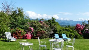 A garden with outdoor seating, including chairs and tables, surrounded by lush greenery and flowering bushes.