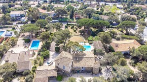 An aerial view of a coastal residential area with houses, a swimming pool, and a large tree. - La Crischona by Interhome (Les Issambres)