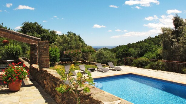 A swimming pool with lounge chairs, surrounded by stone walls and potted plants. - La Bastide Haute by Interhome (La Garde Freinet)
