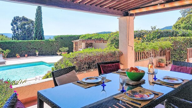 A covered outdoor dining area with a pool view, a table set for two, and a pergola overhead. - Le Mas d'Olive by Interhome (Grimaud)