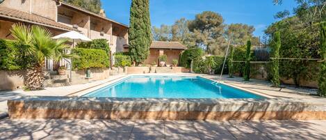 A swimming pool surrounded by a garden with a building in the background.