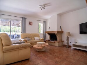 Een televisie, een open haard en een dvd-speler