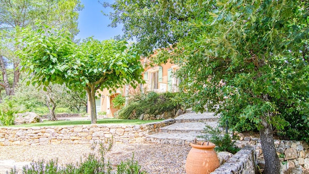 A stone pathway leading to a building with a green lawn and trees.