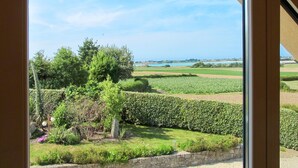 A view through a window of a garden with a hedge, a tree, and a stone wall.
