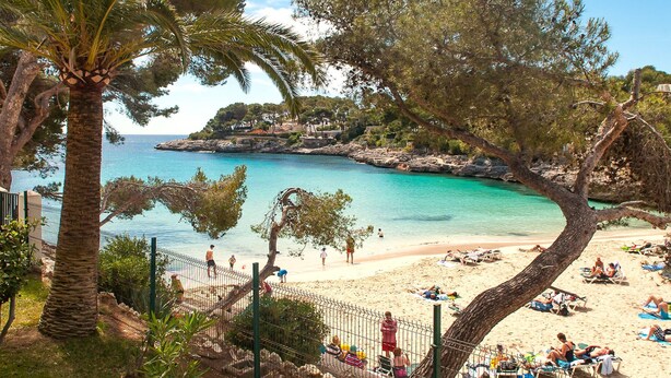 Ein Strand mit klarem türkisblauem Wasser, einem sandigen Ufer und einer felsigen Küstenlinie.