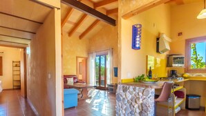 Amplia sala de estar con una pared de acento de piedra, una cocina con electrodomésticos modernos y un comedor con sofá azul.