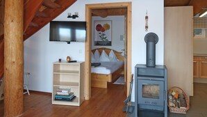Ein gemütliches Zimmer mit einem Bett, einem Bücherregal, einem Kamin und einem Fernseher.