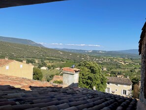 Blick vom Dach eines Gebäudes auf eine ländliche Landschaft mit terrassenförmig angelegten Feldern und entfernten Bergen.