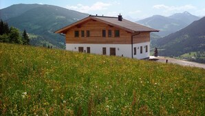 Una casa de fusta amb teulada inclinada, envoltada per un camp de flors silvestres i muntanyes al fons.