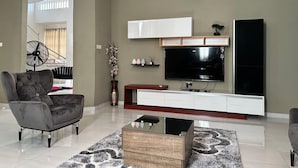 A modern living room with a grey sofa, a flat-screen TV, a wooden coffee table, and a patterned rug. - Nanani Luxury Villa - Kumasi (Kumasi)