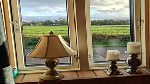 Et værelse med to vinduer, der begge har udsigt over et grønt felt og en gråhimmel. Der er en lampe og to lysestager på vindueskarmen.