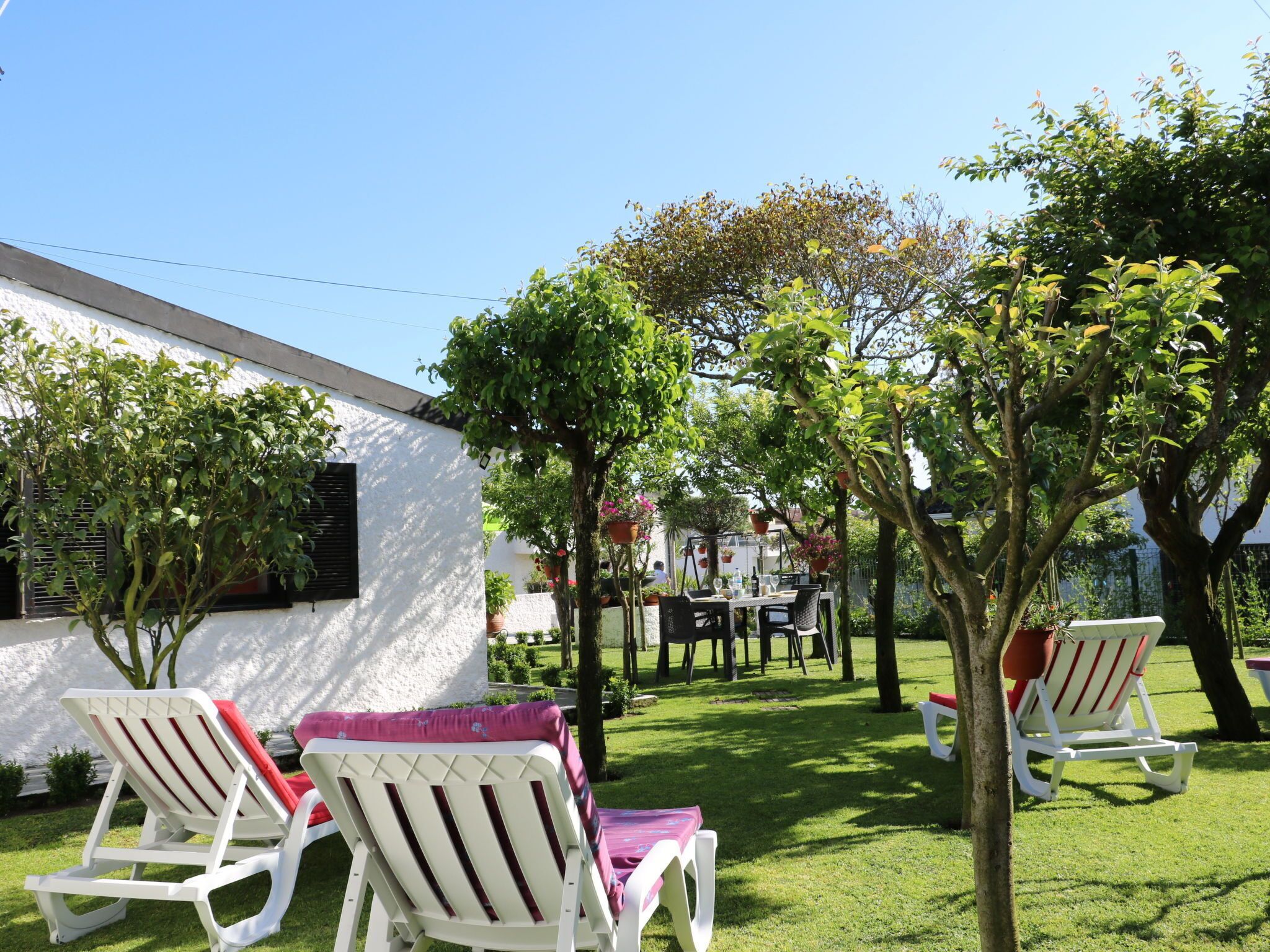 Eine Terrasse mit weißen Liegestühlen und einem Tisch, umgeben von Bäumen und einem weißen Gebäude.