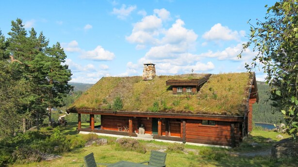 A log cabin with a grass roof, surrounded by trees and a view of the mountains.