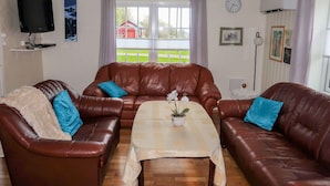 Un salon avec un ensemble de canapés en cuir marron, une petite table avec une plante, un téléviseur et une fenêtre avec des rideaux.