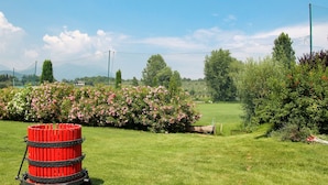 Een begrazend veld met een rode, cilindervormige object, bomen en een heldere lucht.