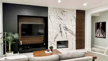 TV, fireplace, foosball, offices