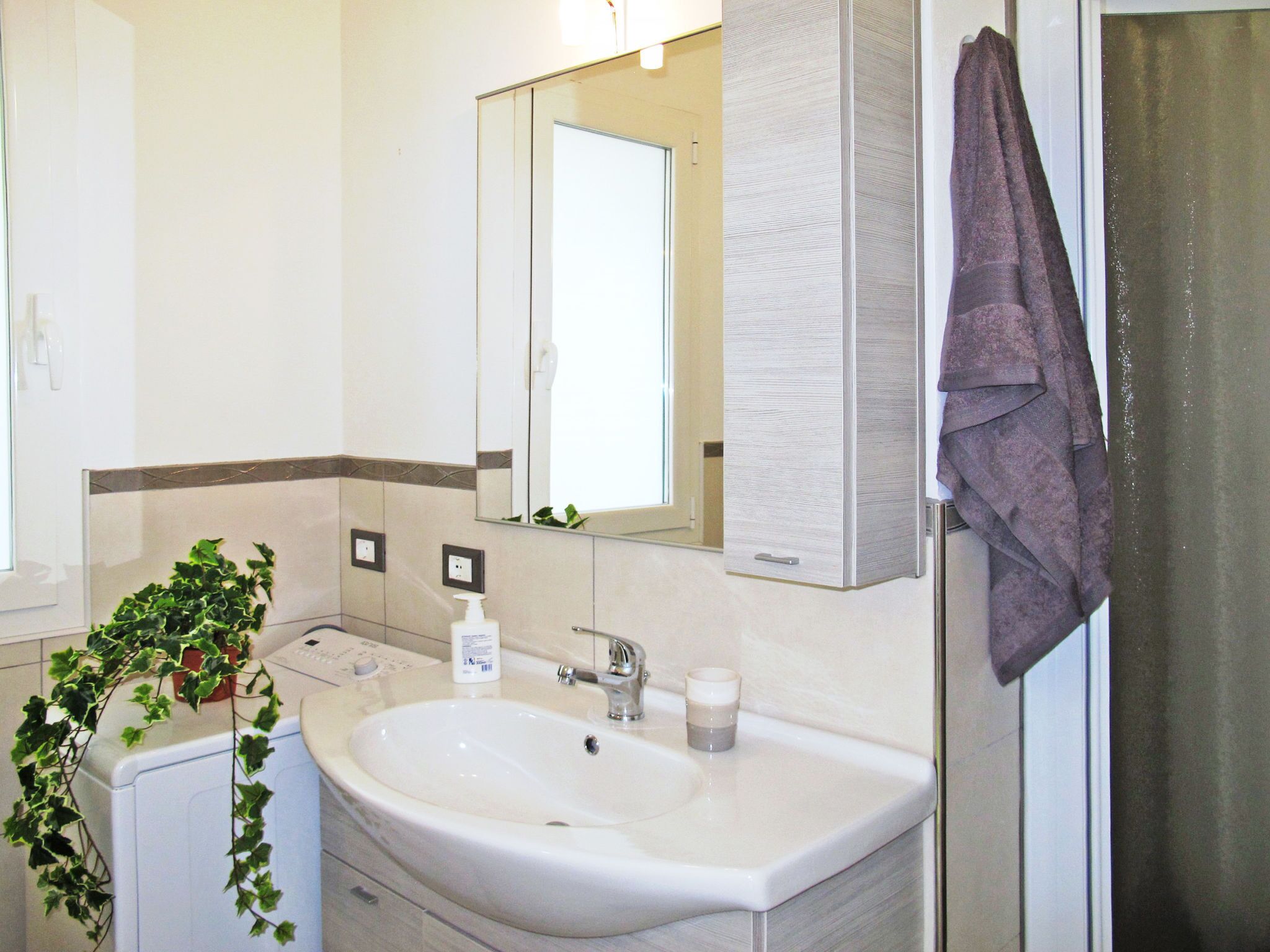 A modern bathroom with a large sink, a mirror, a towel rack, and a potted plant.