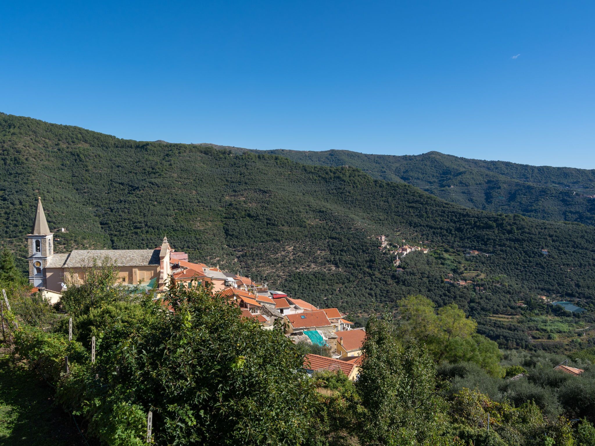 Un borgo collinare con architettura tradizionale, che include una chiesa con campanile, immerso nel verde e circondato da dolci colline.