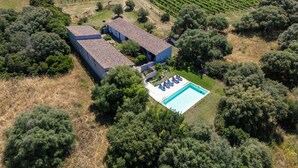 An aerial view of a property with a swimming pool, adjacent buildings, and vineyard fields. - Oliviola by Interhome (Valledoria)