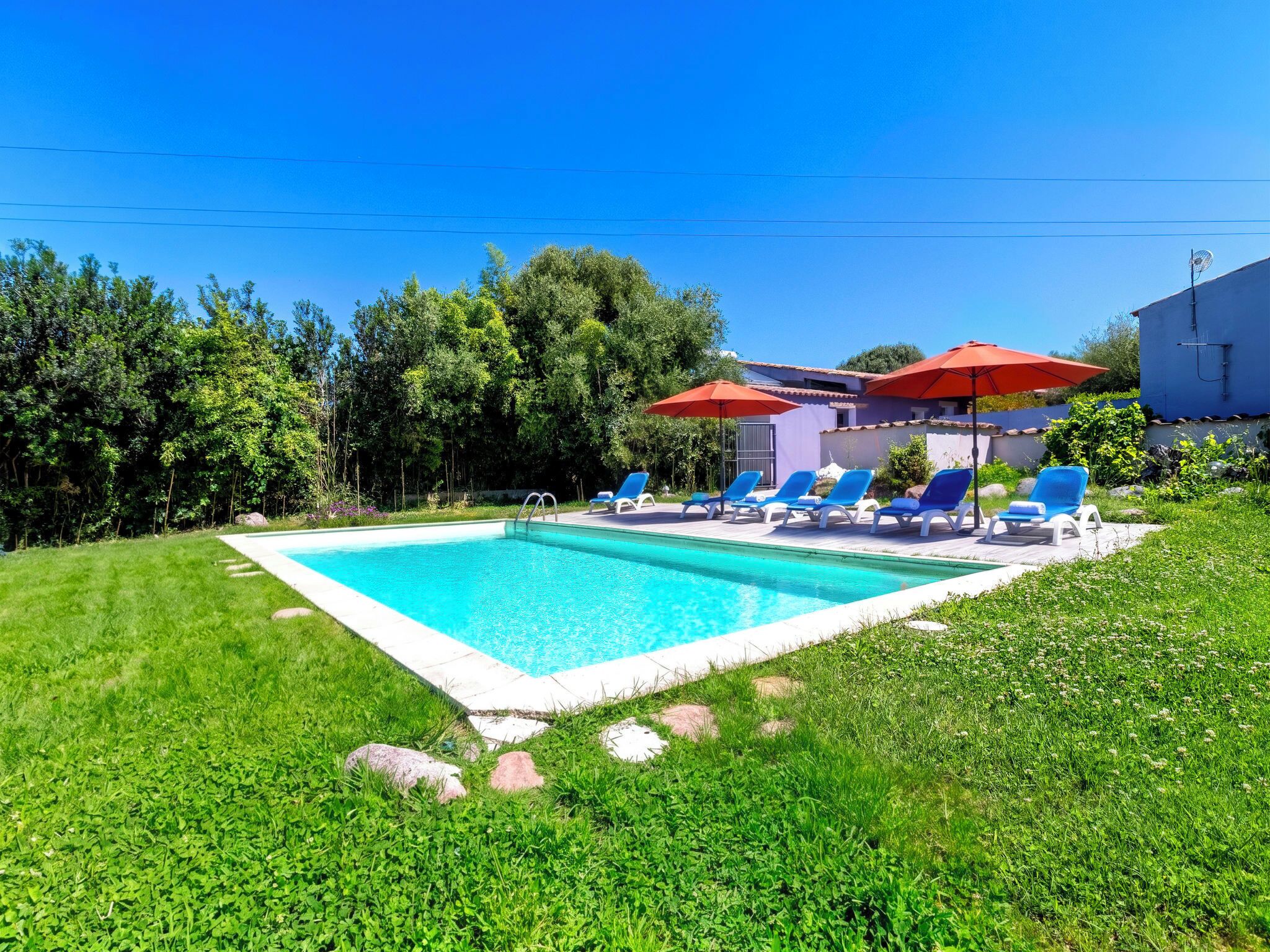A rectangular swimming pool with a clear blue water, surrounded by a grassy area with rocks. There are blue lounge chairs and red umbrellas.