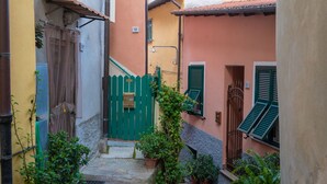 Un estrecho callejón con una puerta verde, plantas en macetas y una escalera que lleva a un edificio con tejado de tejas.