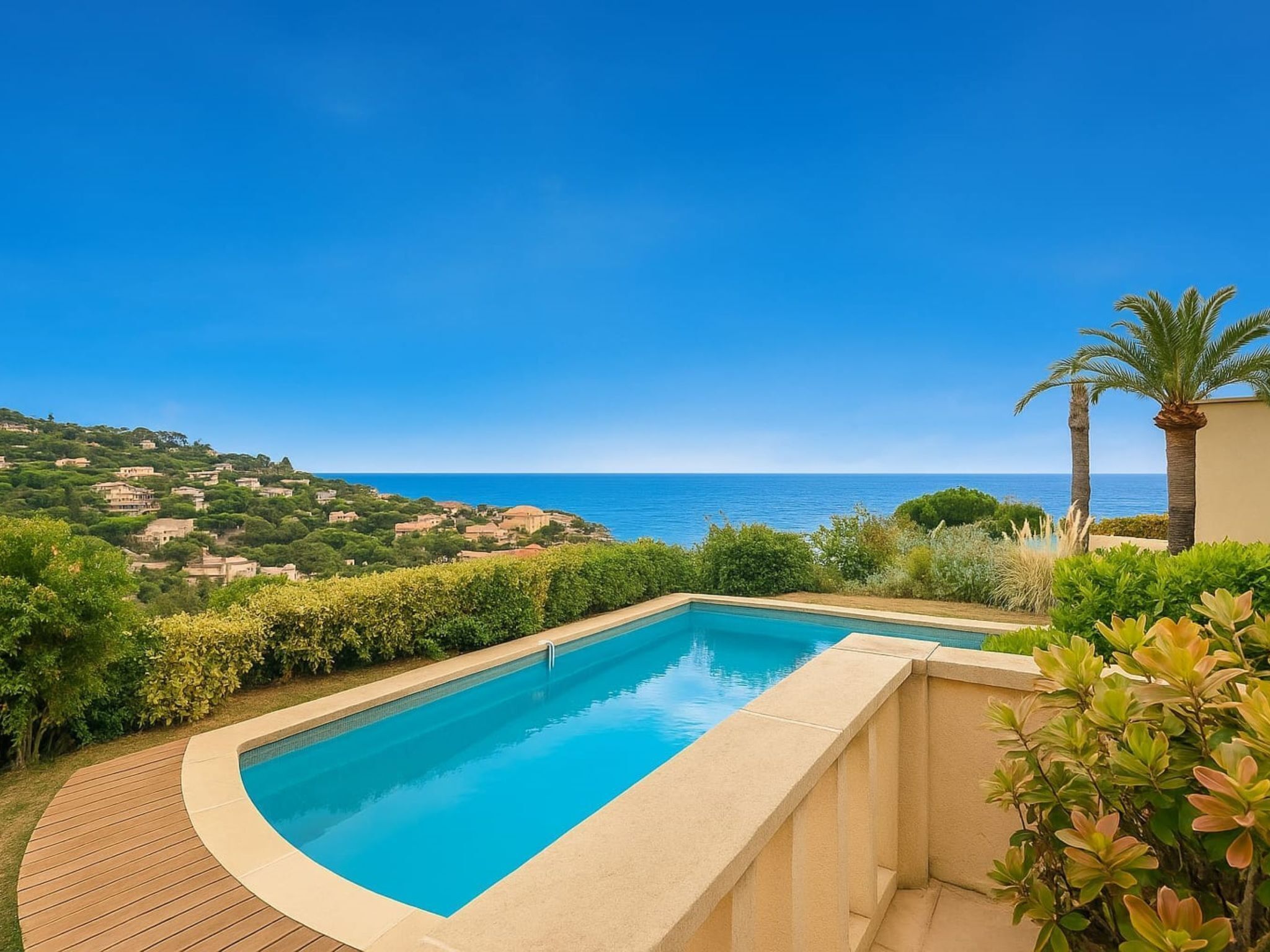 A swimming pool with a view of the sea and a hillside.