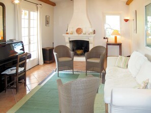 Televisión, chimenea y reproductor de DVD 