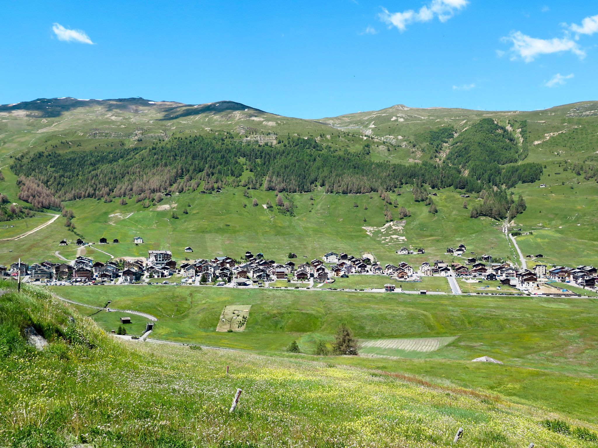 A mountainous village with traditional chalet-style buildings, a clear sky, and a valley with green fields and trees.
