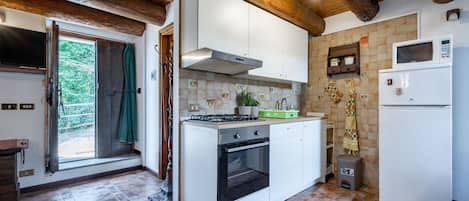 Fridge, microwave, oven, cookware/dishes/utensils